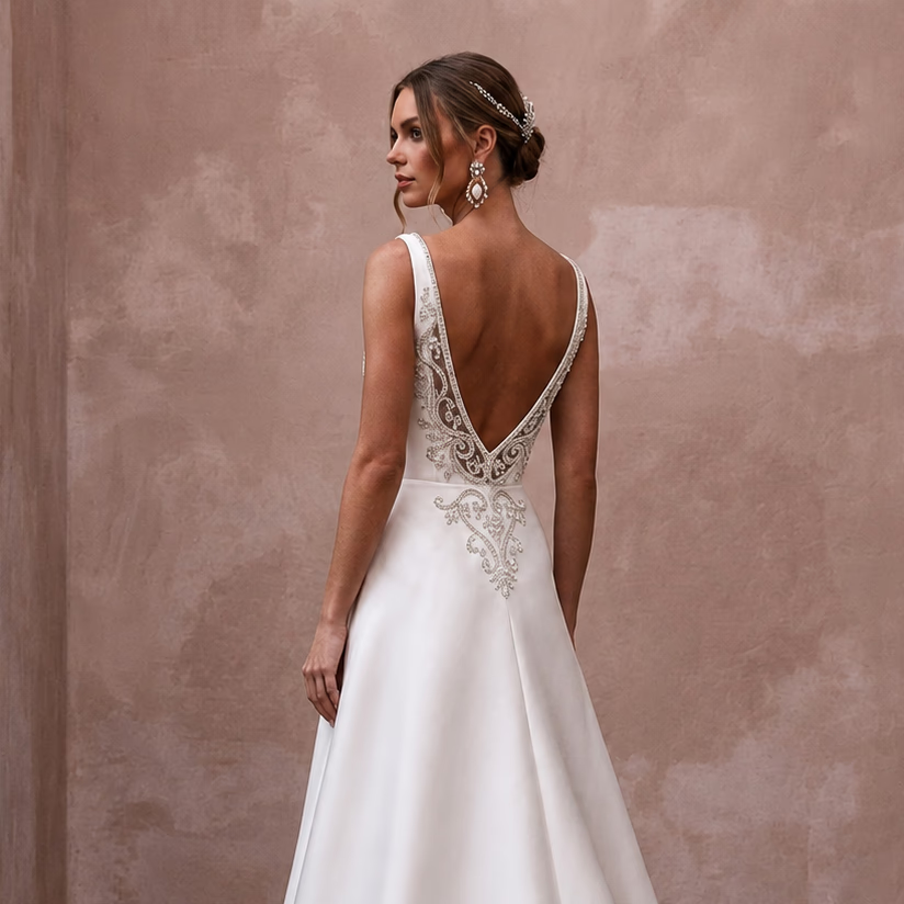 Square Neck Wedding Dresses with Elegant Satin Finish - Apparel & Accessories > Clothing > Wedding & Bridal Party Dresses > Wedding Dresses - Mignonette Bridal