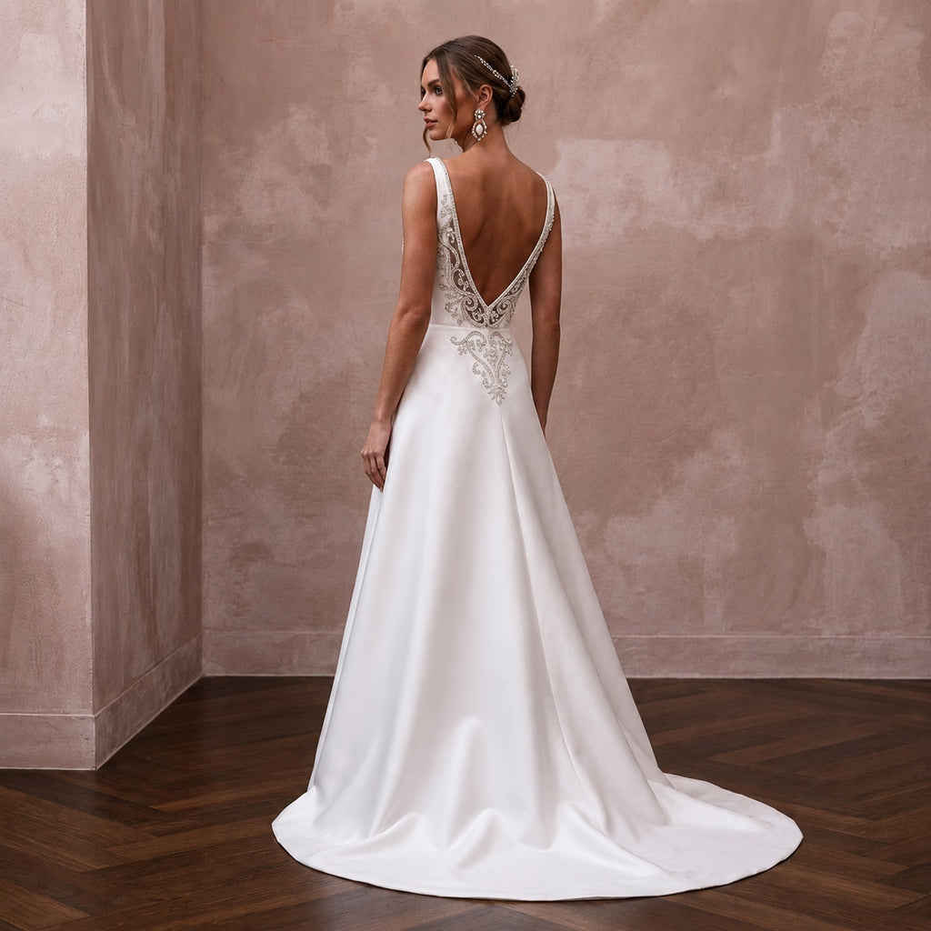 Square Neck Wedding Dresses with Elegant Satin Finish - Apparel & Accessories > Clothing > Wedding & Bridal Party Dresses > Wedding Dresses - Mignonette Bridal