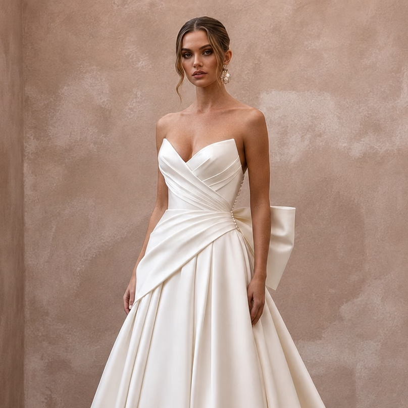 Strapless Wedding Dresses with Draped Satin Bodices - Apparel & Accessories > Clothing > Wedding & Bridal Party Dresses > Wedding Dresses - Mignonette