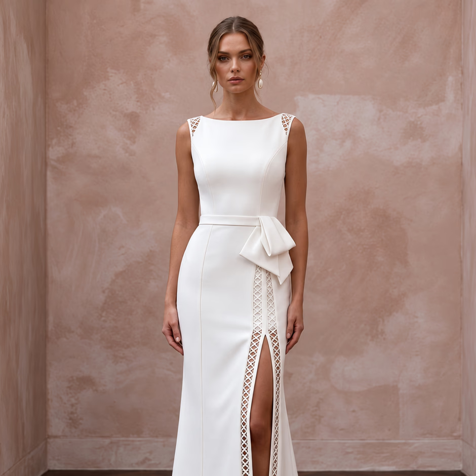 Streamlined Ivory Mikado Slit Sheath Wedding Dress for Post-Elopement Celebration