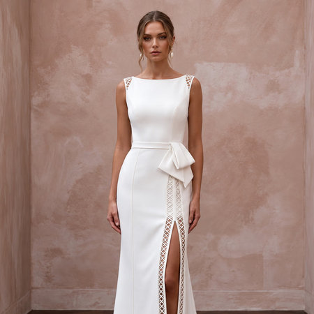 Streamlined Ivory Mikado Slit Sheath Wedding Dress for Post-Elopement Celebration
