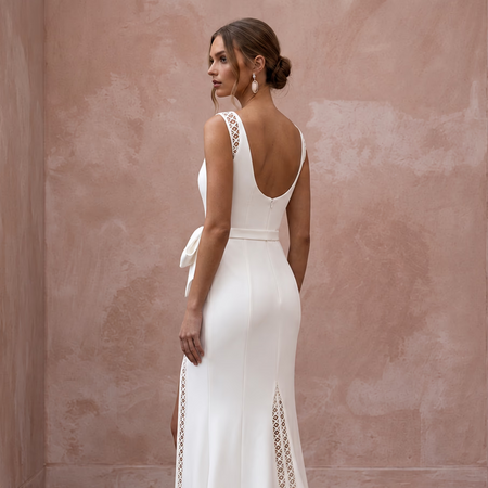 Streamlined Ivory Mikado Slit Sheath Wedding Dress for Post-Elopement Celebration