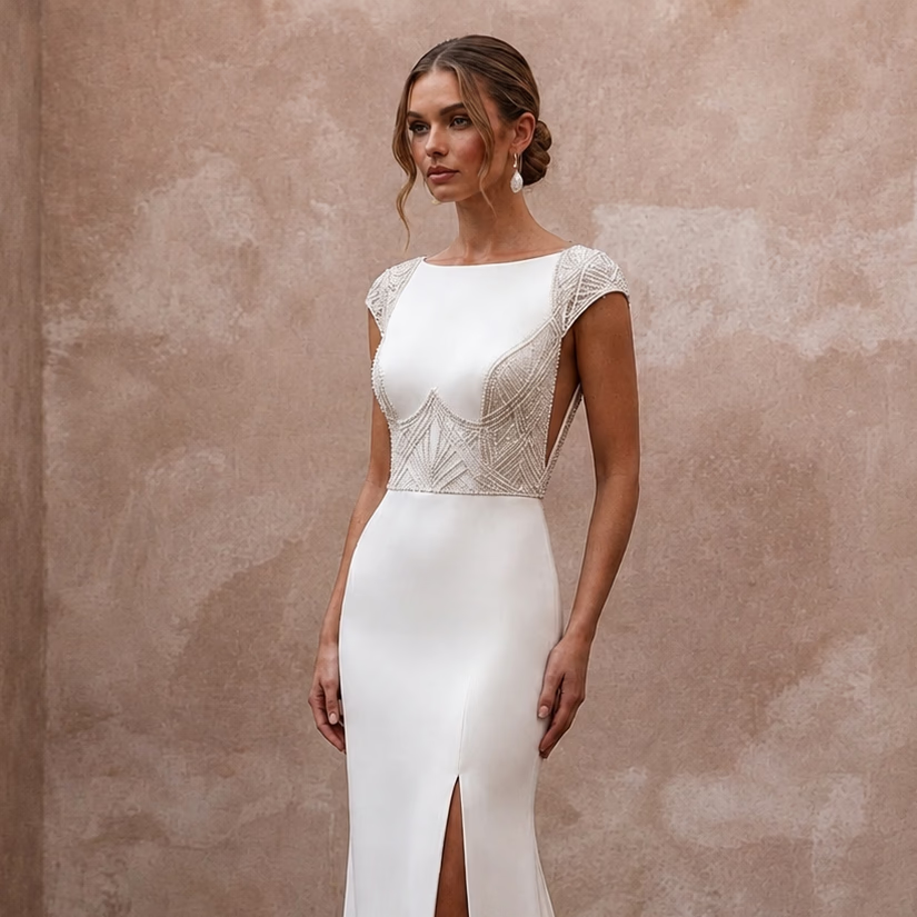 Streamlined Ivory Mikado Slit Sheath for Post - Elopement Celebration - Apparel & Accessories > Clothing > Wedding & Bridal Party Dresses > Wedding Dresses - Mignonette Bridal