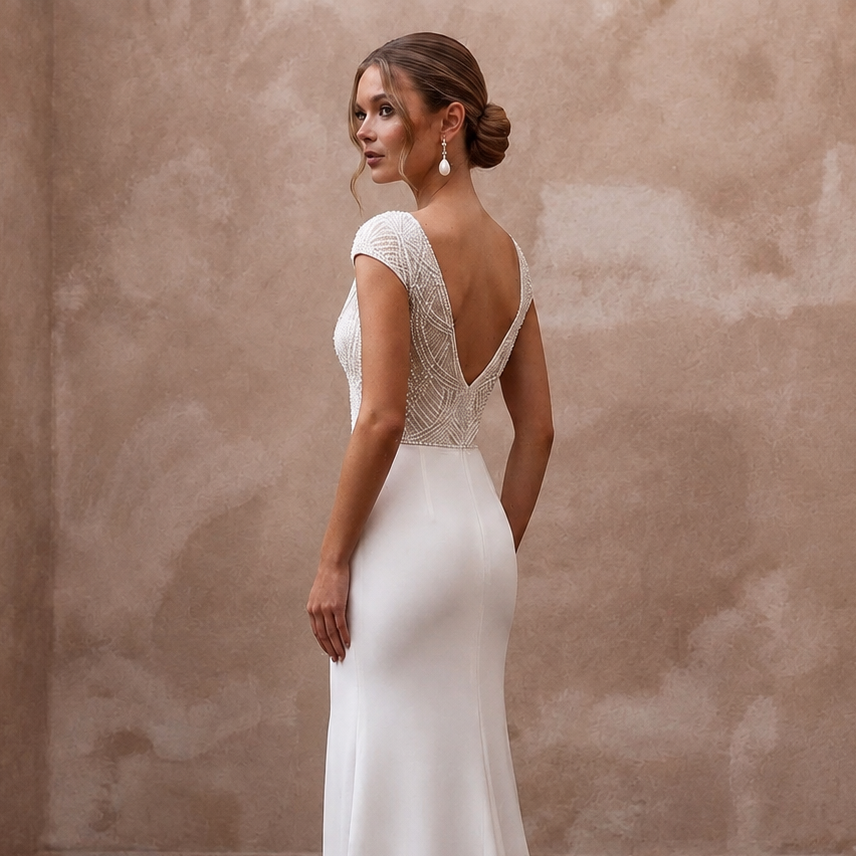 Streamlined Ivory Mikado Slit Sheath for Post-Elopement Celebration