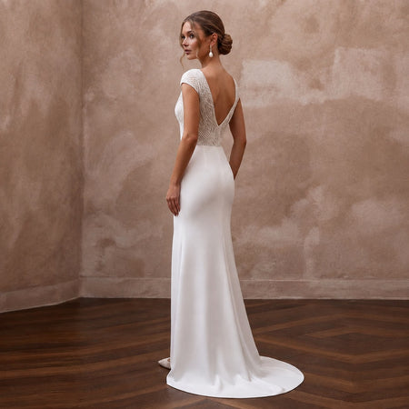 Streamlined Ivory Mikado Slit Sheath for Post - Elopement Celebration - Apparel & Accessories > Clothing > Wedding & Bridal Party Dresses > Wedding Dresses - Mignonette Bridal