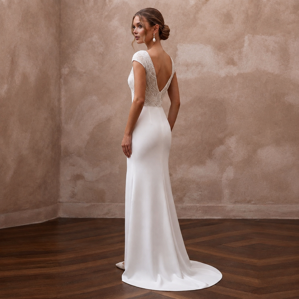 Streamlined Ivory Mikado Slit Sheath for Post-Elopement Celebration