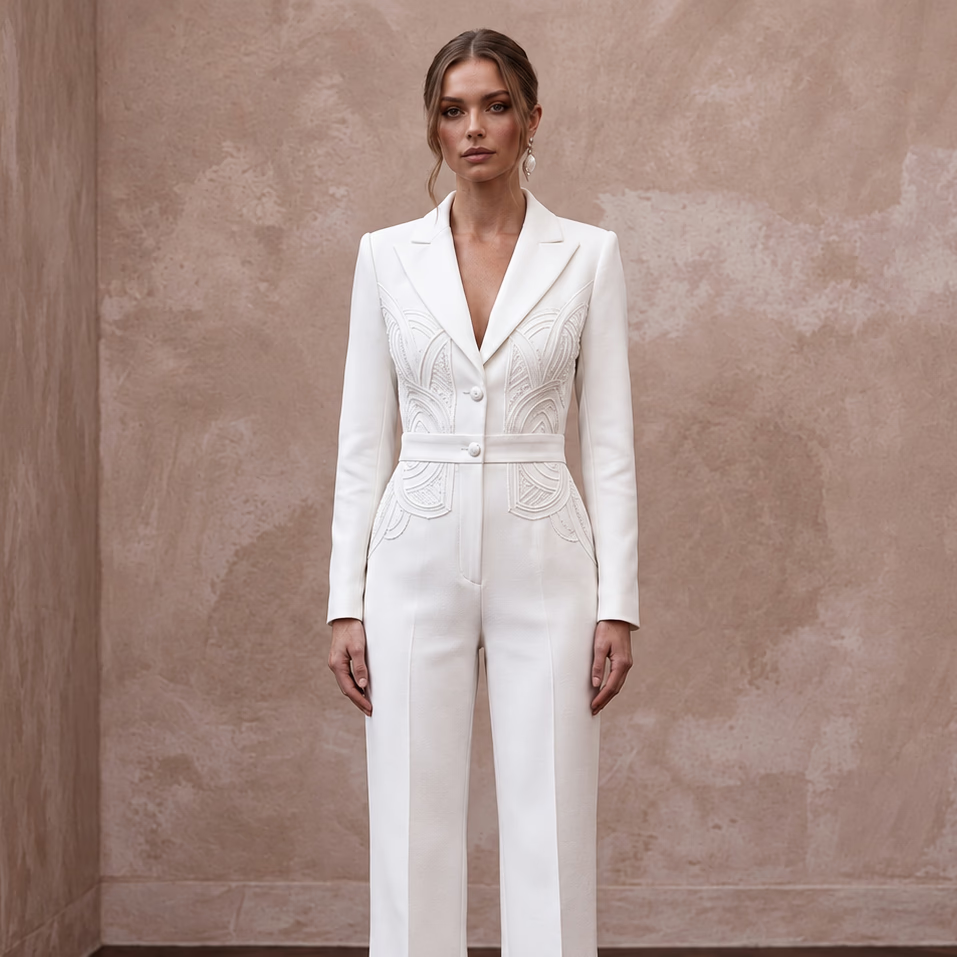 Structured White Faille Tuxedo Bridal Jumpsuit for Rehearsal Dinner