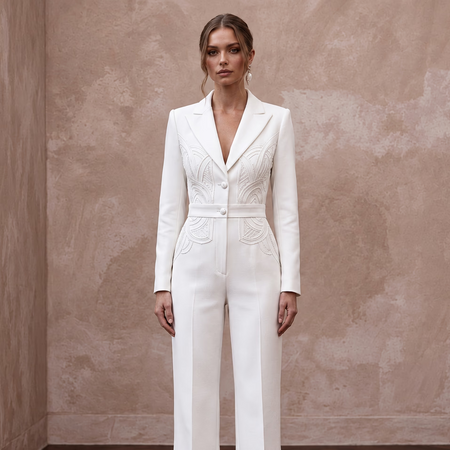 Structured White Faille Tuxedo Bridal Jumpsuit for Rehearsal Dinner