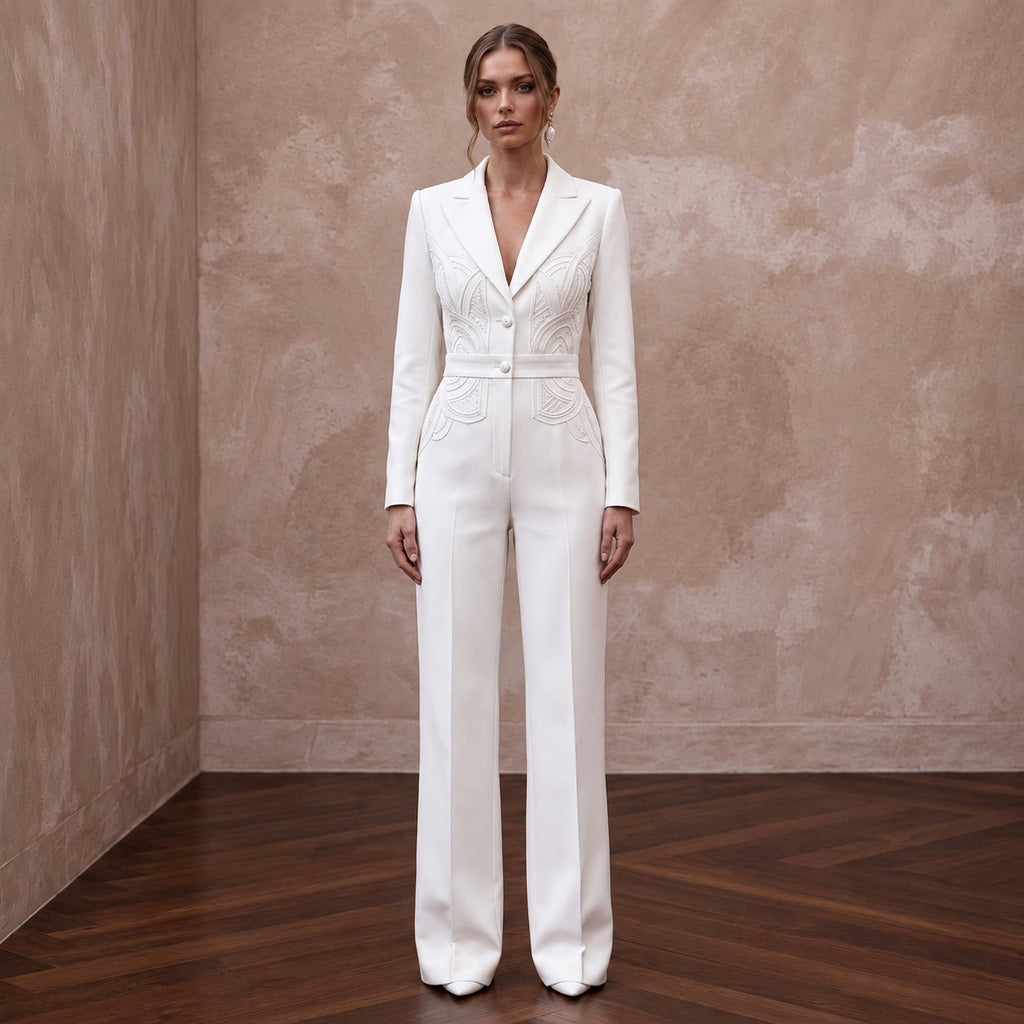 Structured White Faille Tuxedo Bridal Jumpsuit for Rehearsal Dinner
