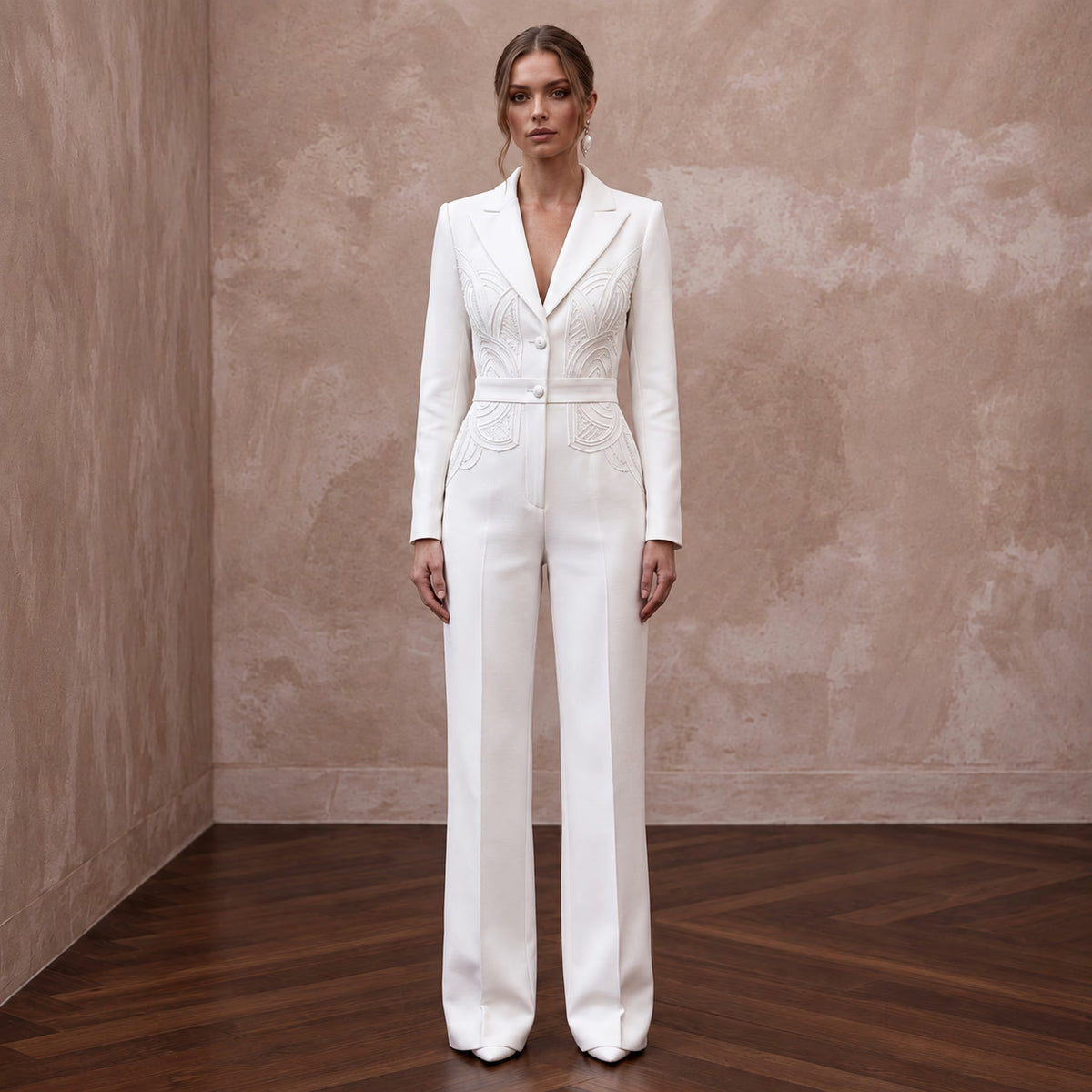Structured White Faille Tuxedo Bridal Jumpsuit for Rehearsal Dinner
