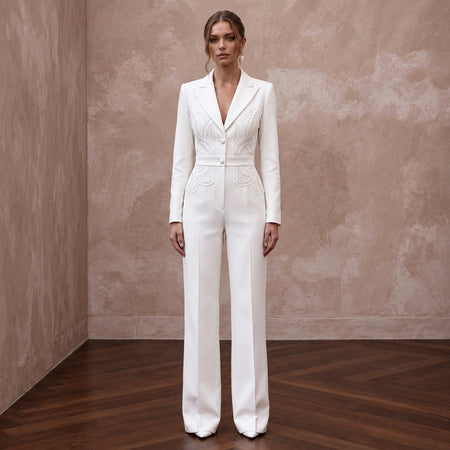 Structured White Faille Tuxedo Bridal Jumpsuit for Rehearsal Dinner