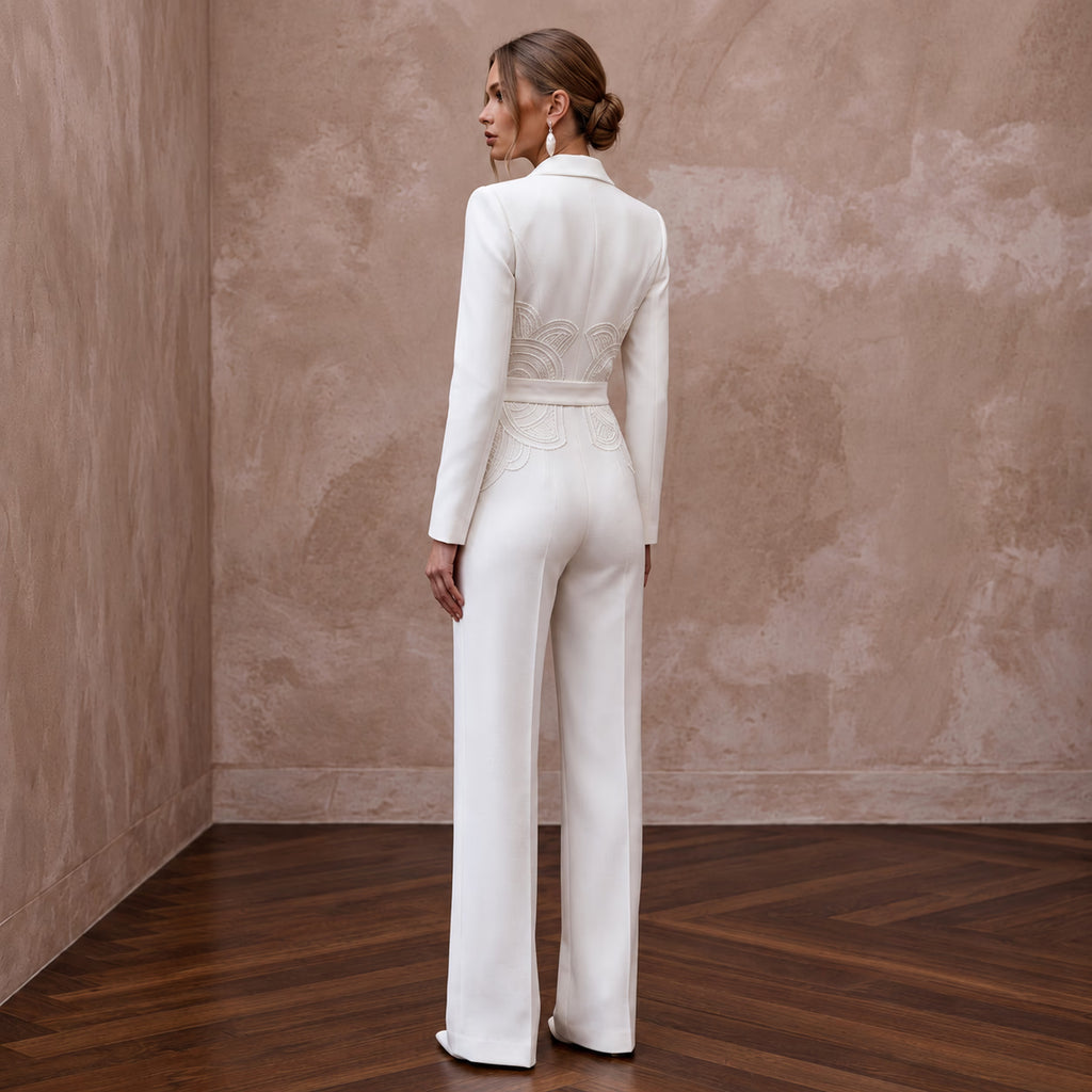 Structured White Faille Tuxedo Bridal Jumpsuit for Rehearsal Dinner