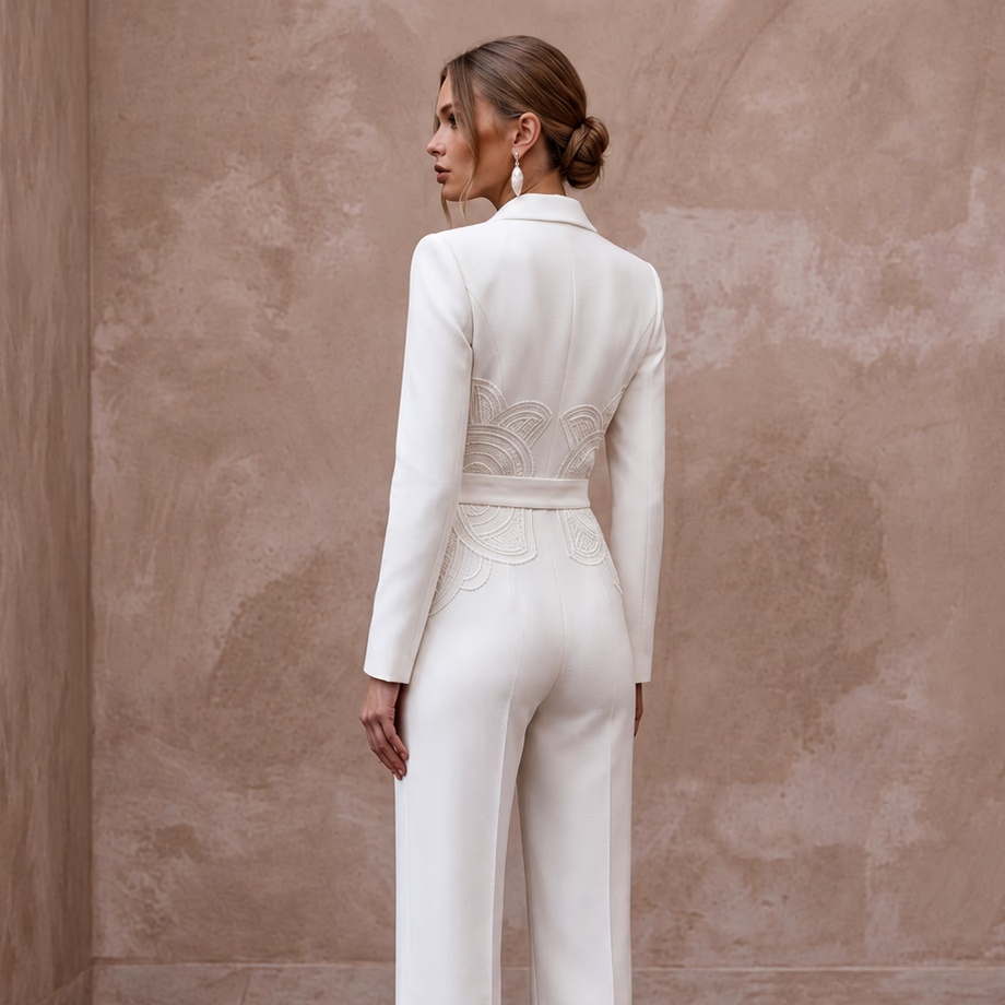 Structured White Faille Tuxedo Bridal Jumpsuit for Rehearsal Dinner
