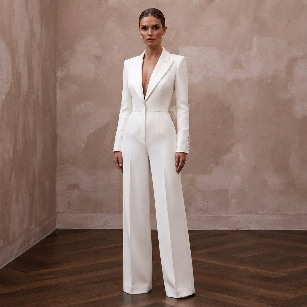 Structured White Faille Tuxedo Jumpsuit for Rehearsal Dinner - Apparel & Accessories > Clothing > Wedding & Bridal Party Dresses > Wedding Dresses - Mignonette Bridal