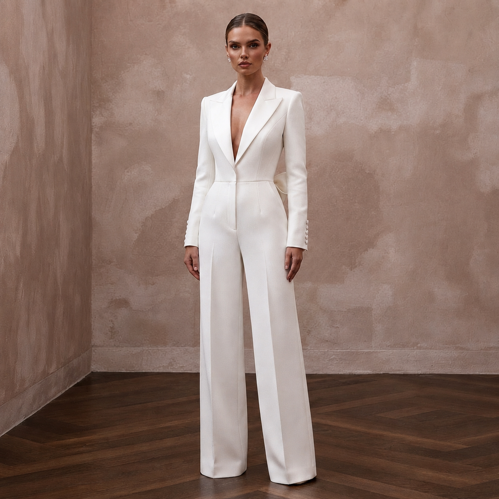 Structured White Faille Tuxedo Jumpsuit for Rehearsal Dinner