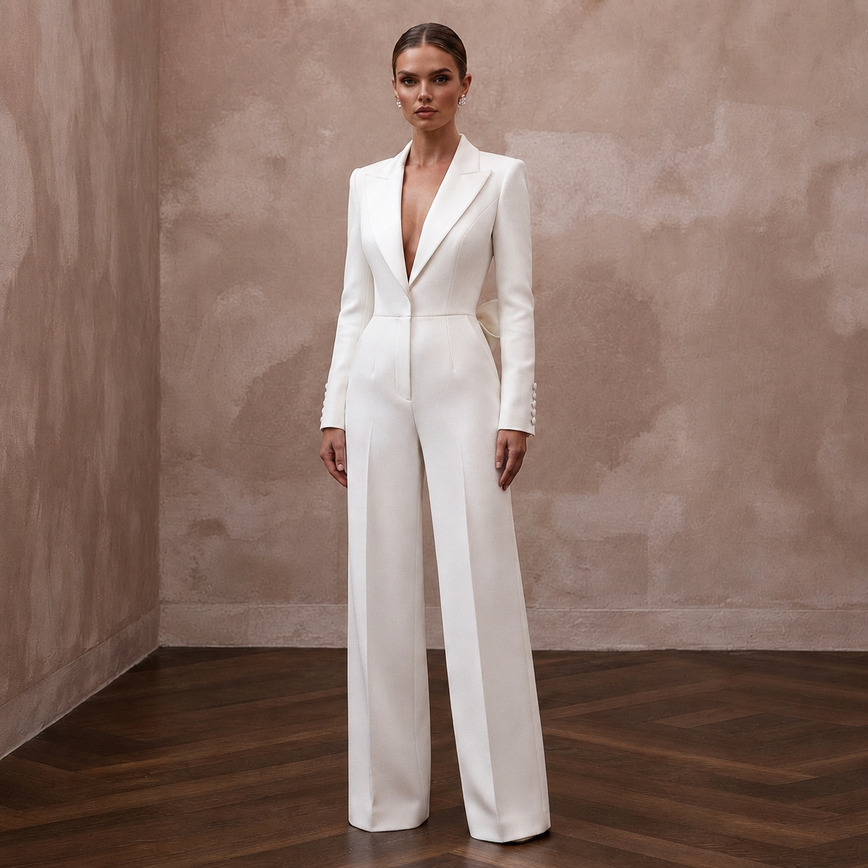 Structured White Faille Tuxedo Jumpsuit for Rehearsal Dinner