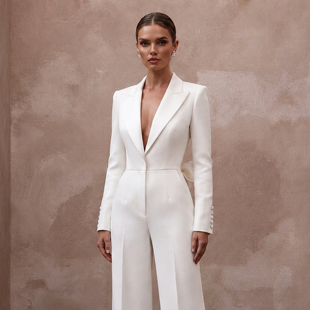 Structured White Faille Tuxedo Jumpsuit for Rehearsal Dinner - Apparel & Accessories > Clothing > Wedding & Bridal Party Dresses > Wedding Dresses - Mignonette Bridal
