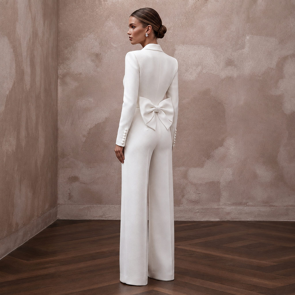 Structured White Faille Tuxedo Jumpsuit for Rehearsal Dinner