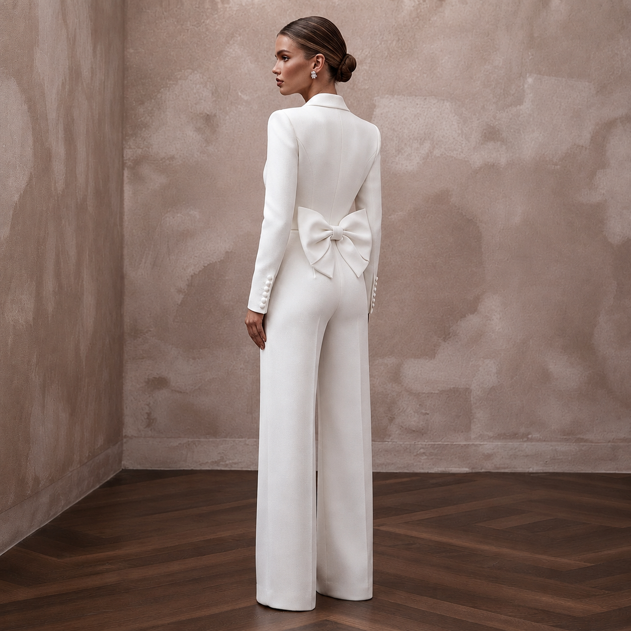 Structured White Faille Tuxedo Jumpsuit for Rehearsal Dinner