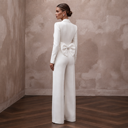 Structured White Faille Tuxedo Jumpsuit for Rehearsal Dinner