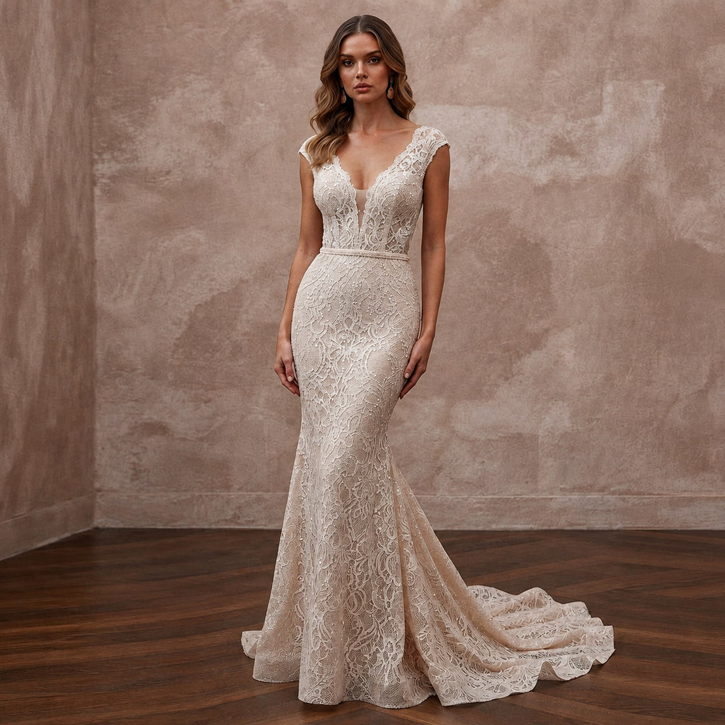 Sultry Blush Stretch Lace Mermaid Wedding Dress for Bridal Shower Brunch - Apparel & Accessories > Clothing > Wedding & Bridal Party Dresses > Wedding Dresses - Mignonette Bridal