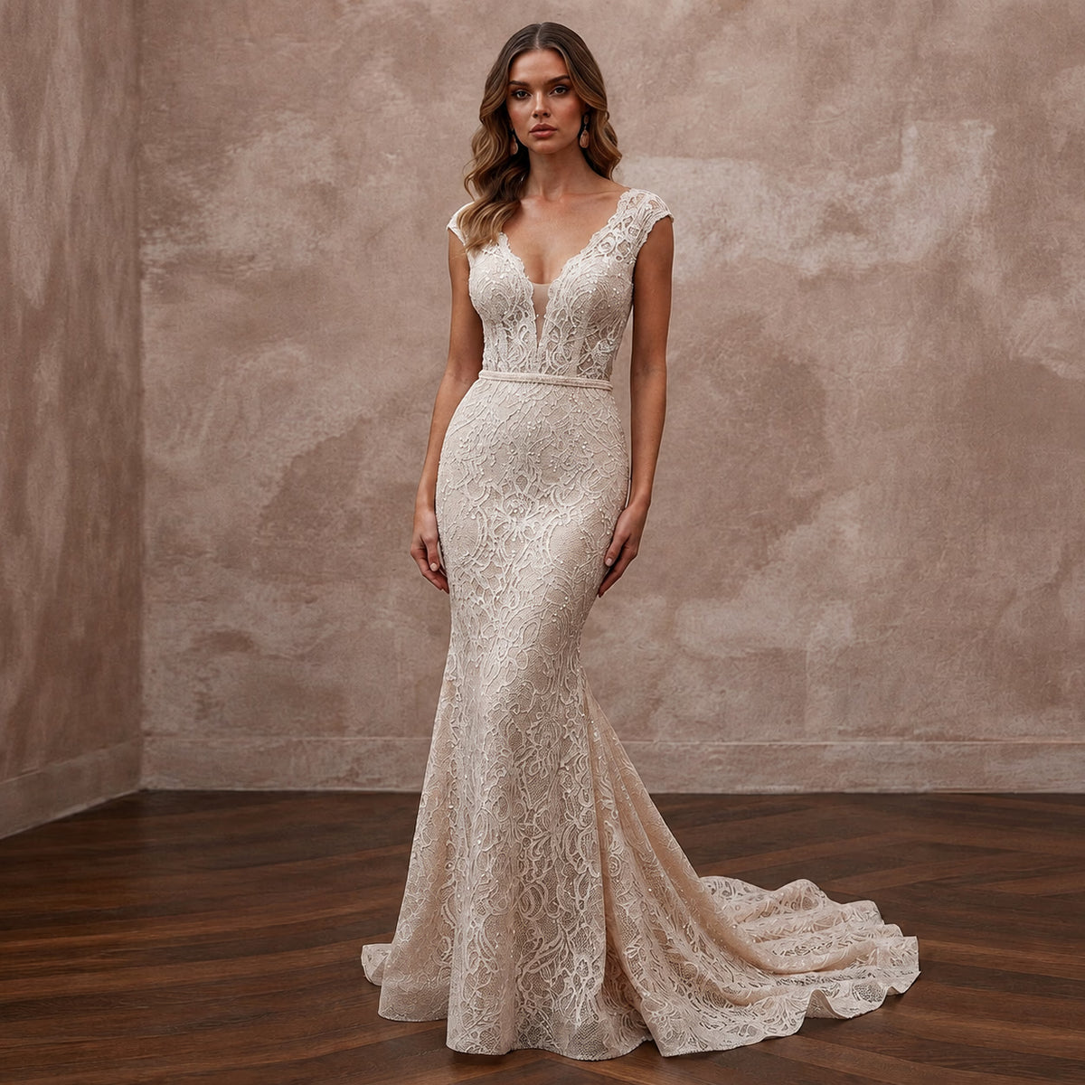 Sultry Blush Stretch Lace Mermaid Wedding Dress for Bridal Shower Brunch - Apparel & Accessories > Clothing > Wedding & Bridal Party Dresses > Wedding Dresses - Mignonette Bridal