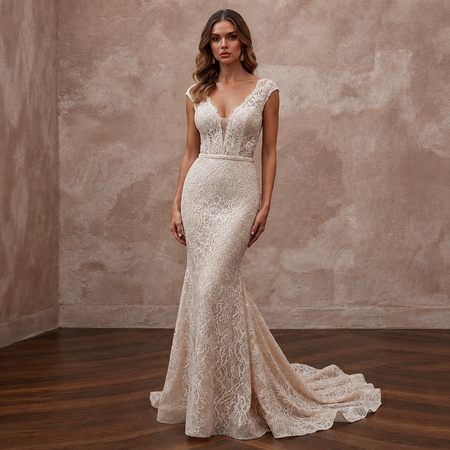 Sultry Blush Stretch Lace Mermaid Wedding Dress for Bridal Shower Brunch