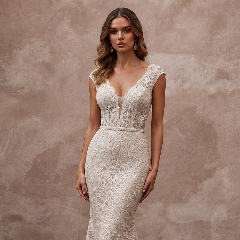 Sultry Blush Stretch Lace Mermaid Wedding Dress for Bridal Shower Brunch - Apparel & Accessories > Clothing > Wedding & Bridal Party Dresses > Wedding Dresses - Mignonette Bridal