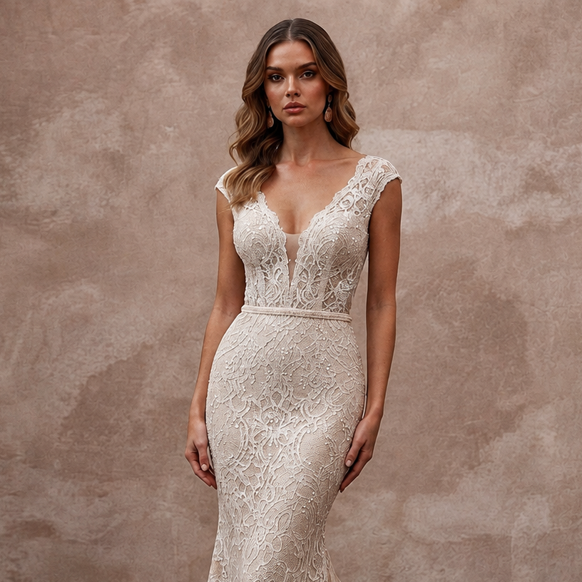Sultry Blush Stretch Lace Mermaid Wedding Dress for Bridal Shower Brunch