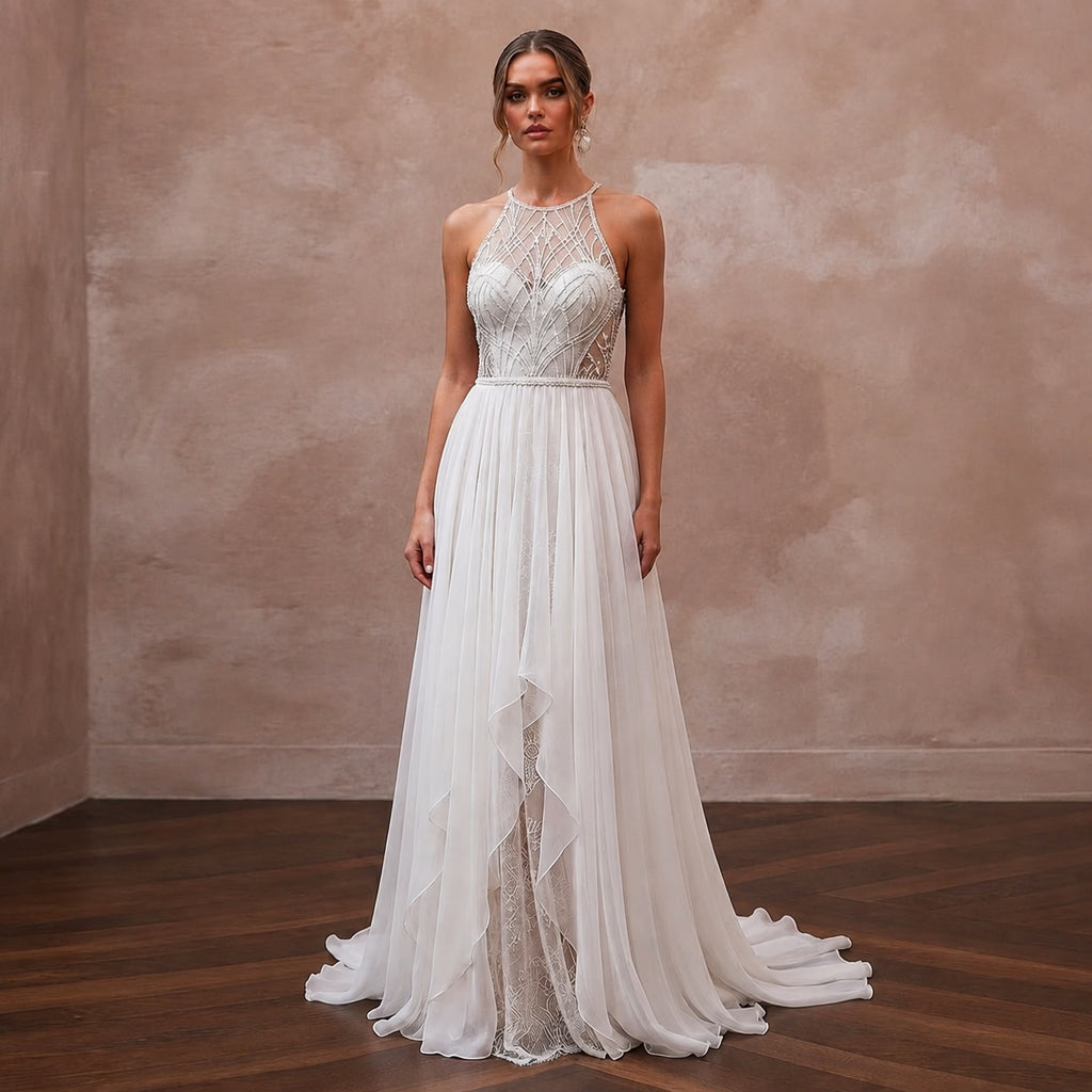 Summer Wedding Dresses with Breathable Chiffon Fabrics - Apparel & Accessories > Clothing > Wedding & Bridal Party Dresses > Wedding Dresses - Mignonette Bridal