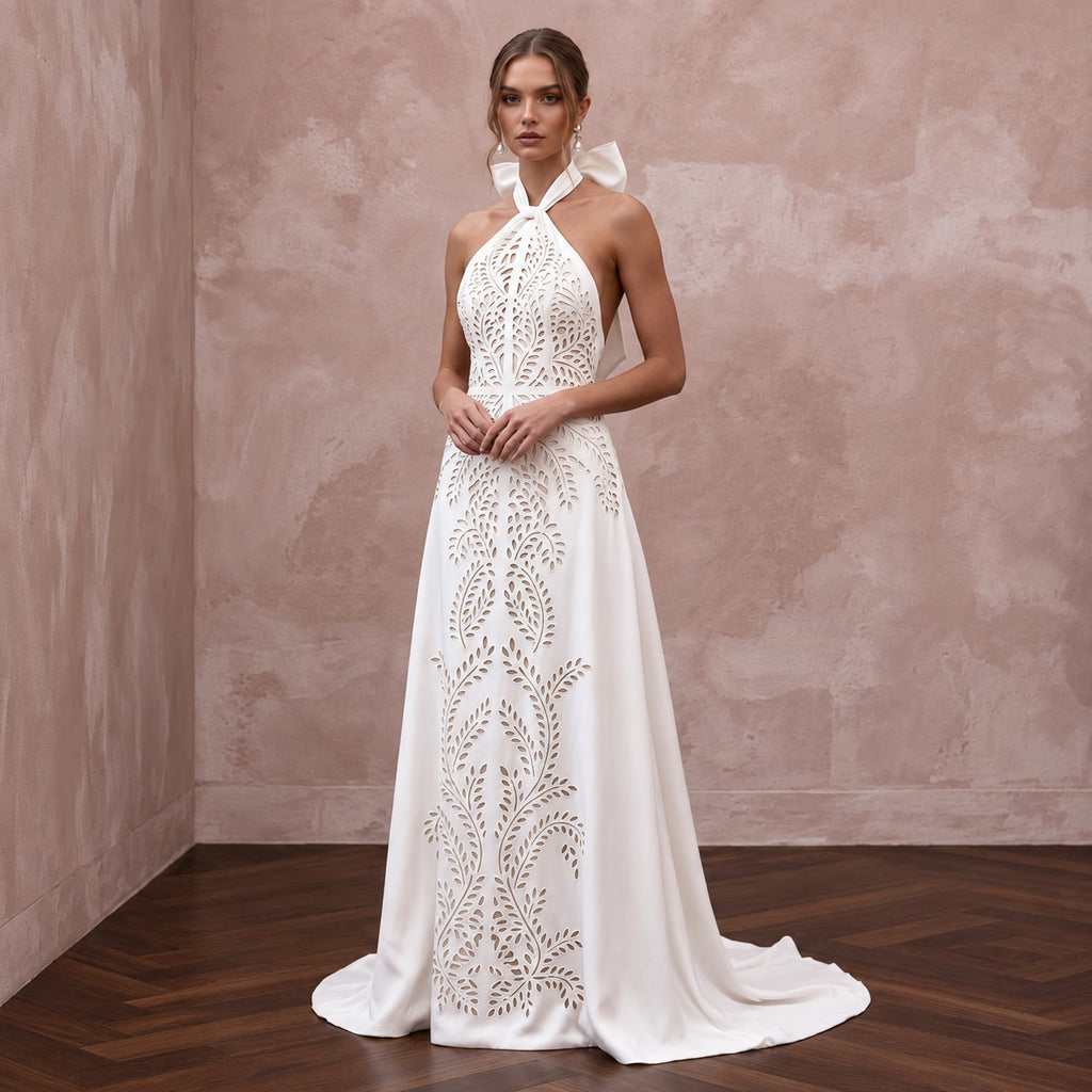 Sustainable Ivory Peace Silk Halter Tie Neck Wedding Gown