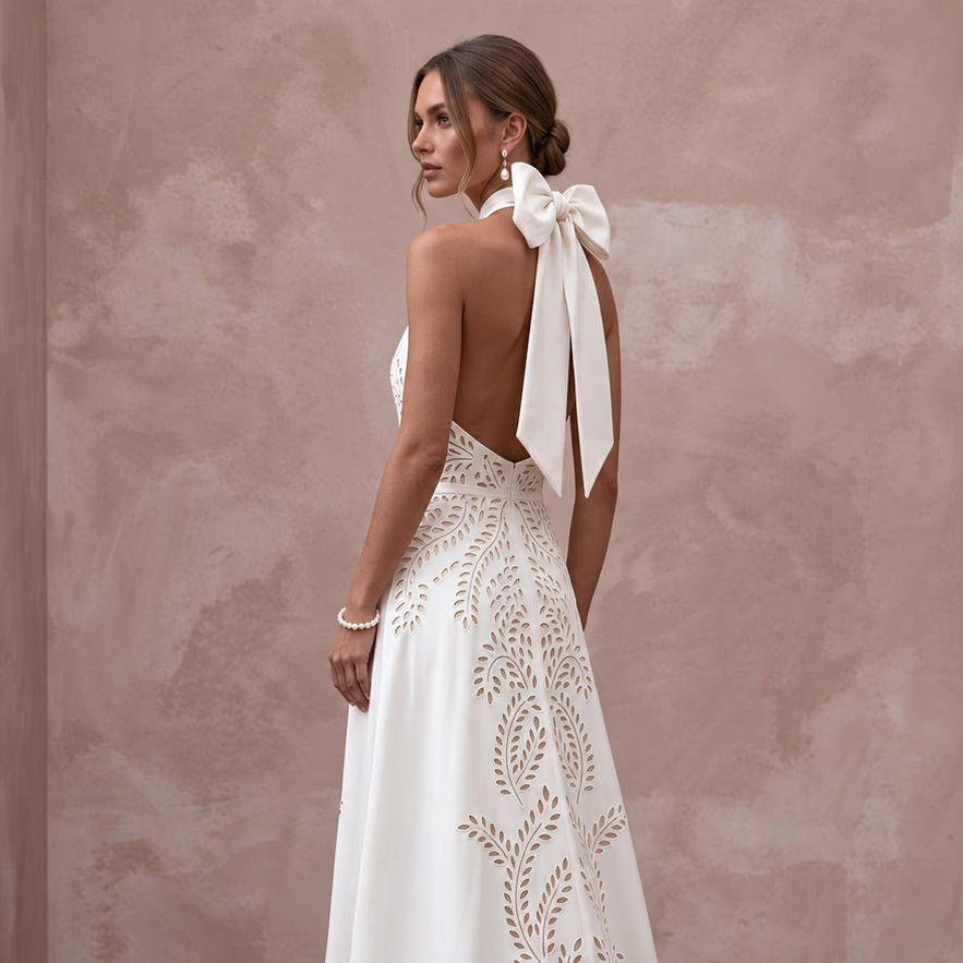 Sustainable Ivory Peace Silk Halter Tie Neck Wedding Gown