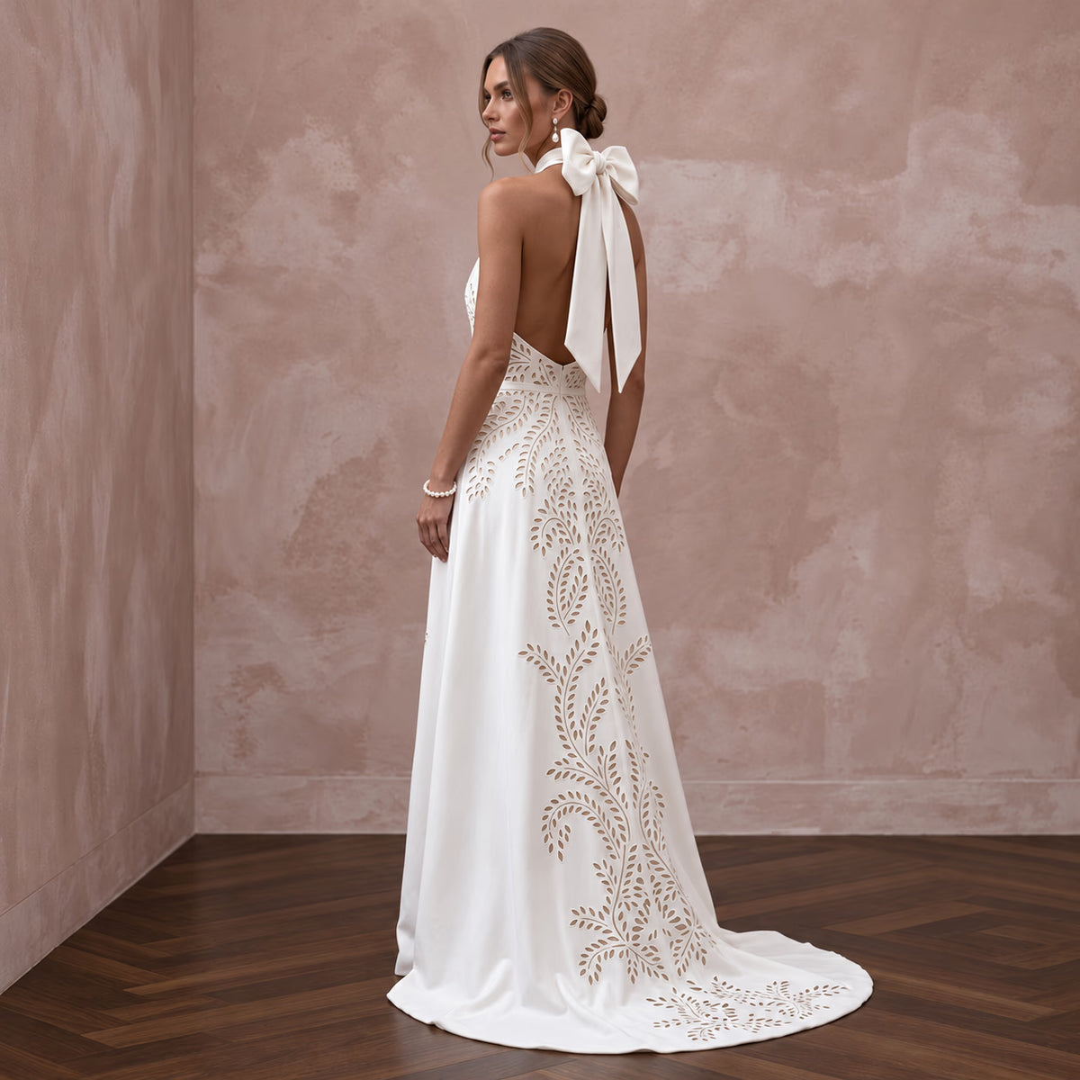 Sustainable Ivory Peace Silk Halter Tie Neck Wedding Gown
