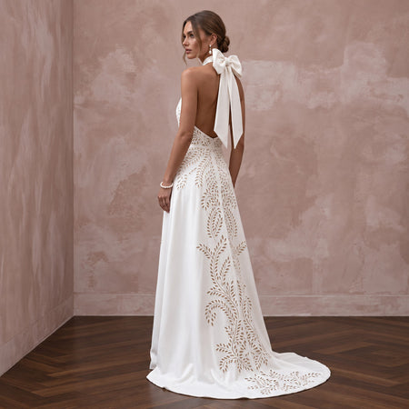 Sustainable Ivory Peace Silk Halter Tie Neck Wedding Gown