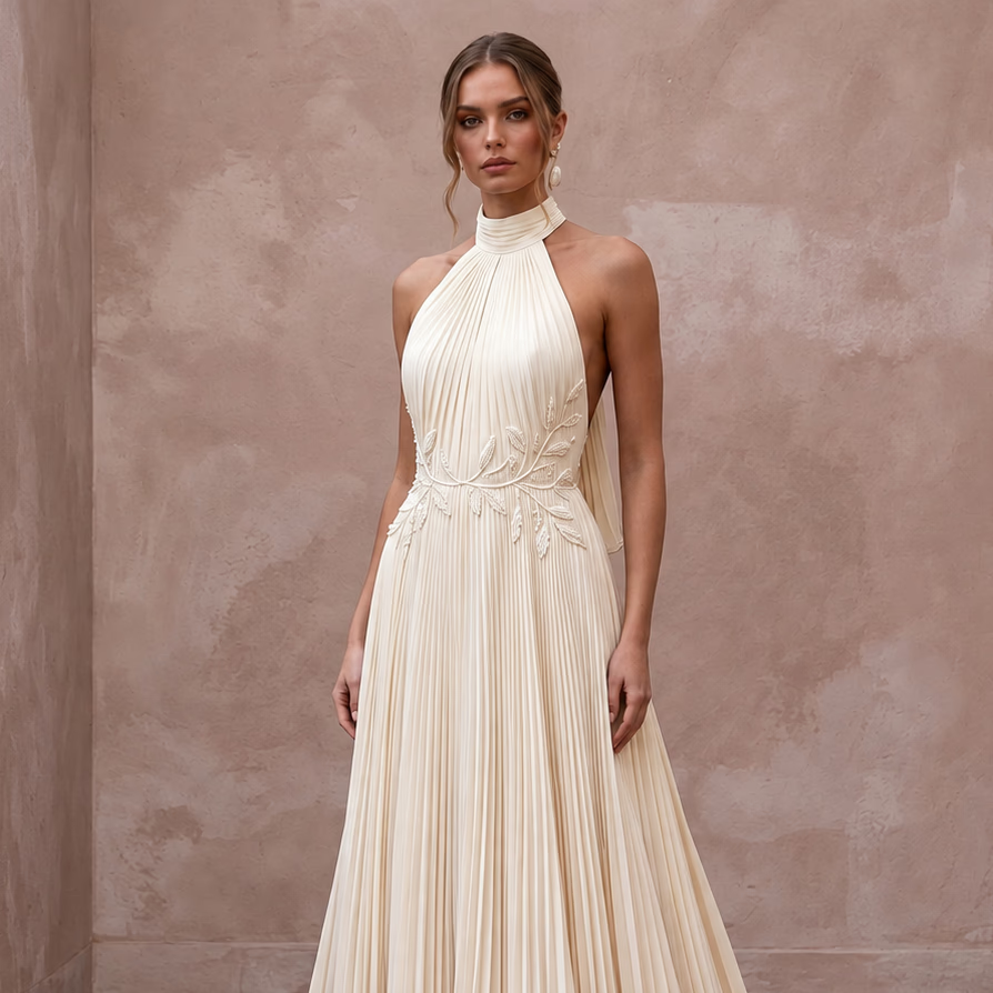 Sustainable Ivory Recycled Polyester Pleated Halter Neck Bridal Gown - Apparel & Accessories > Clothing > Wedding & Bridal Party Dresses > Wedding Dresses - Mignonette Bridal