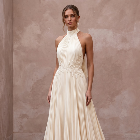 Sustainable Ivory Recycled Polyester Pleated Halter Neck Bridal Gown - Apparel & Accessories > Clothing > Wedding & Bridal Party Dresses > Wedding Dresses - Mignonette Bridal