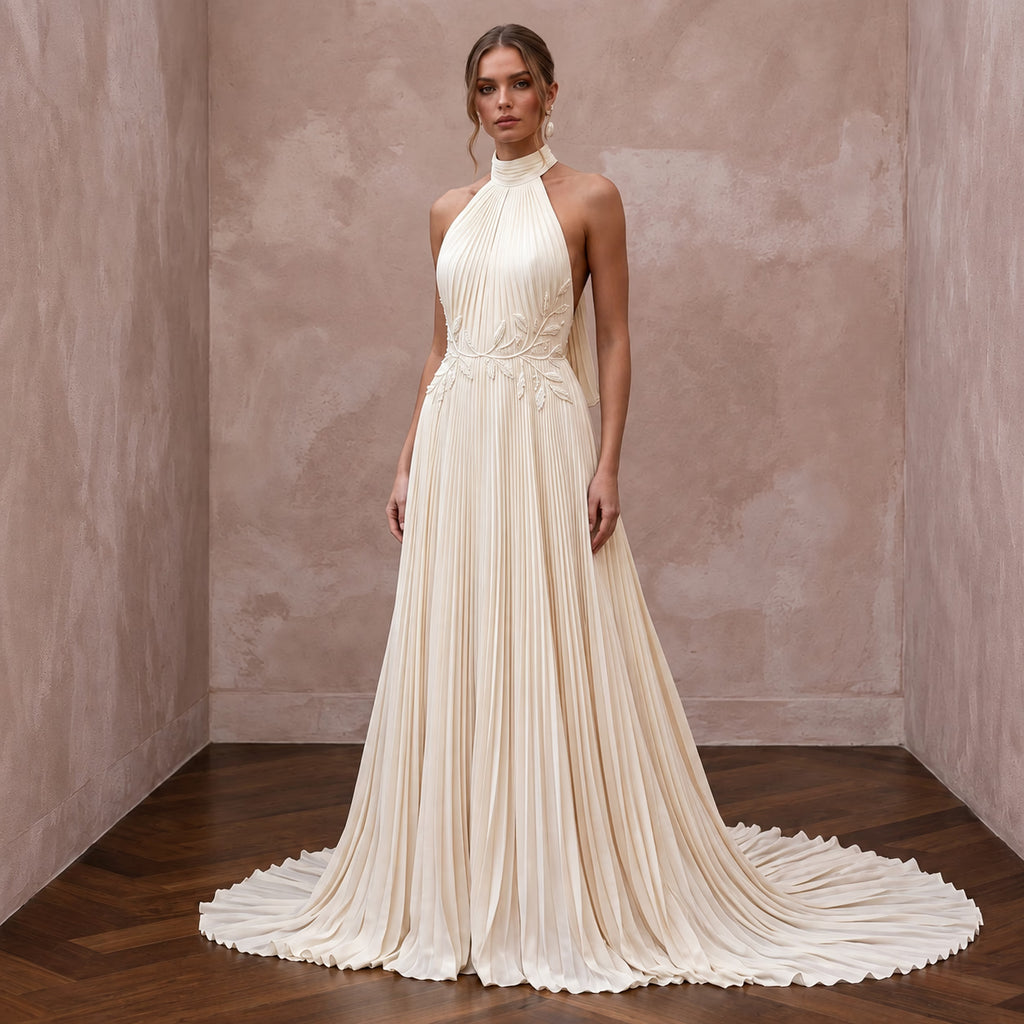 Sustainable Ivory Recycled Polyester Pleated Halter Neck Bridal Gown - Apparel & Accessories > Clothing > Wedding & Bridal Party Dresses > Wedding Dresses - Mignonette Bridal