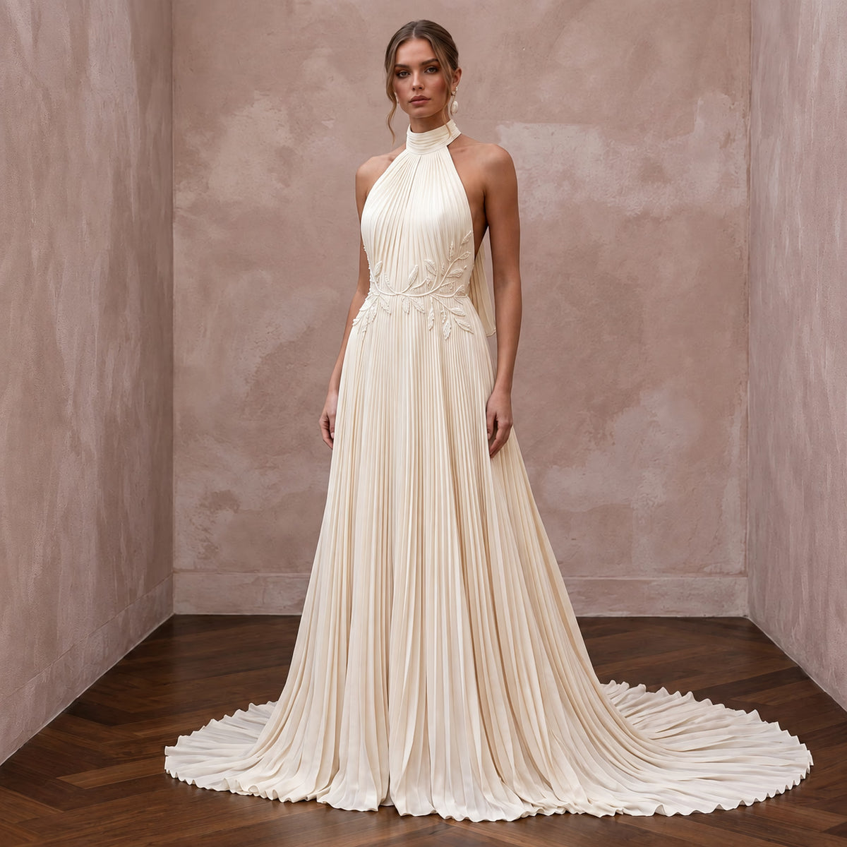 Sustainable Ivory Recycled Polyester Pleated Halter Neck Bridal Gown - Apparel & Accessories > Clothing > Wedding & Bridal Party Dresses > Wedding Dresses - Mignonette Bridal