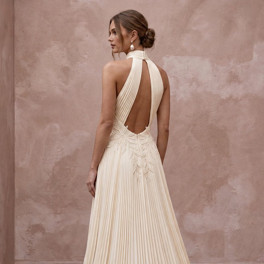 Sustainable Ivory Recycled Polyester Pleated Halter Neck Bridal Gown - Apparel & Accessories > Clothing > Wedding & Bridal Party Dresses > Wedding Dresses - Mignonette Bridal
