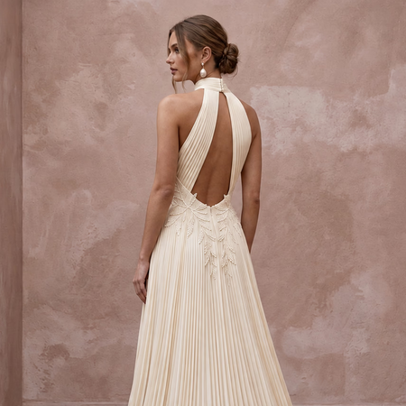 Sustainable Ivory Recycled Polyester Pleated Halter Neck Bridal Gown - Apparel & Accessories > Clothing > Wedding & Bridal Party Dresses > Wedding Dresses - Mignonette Bridal