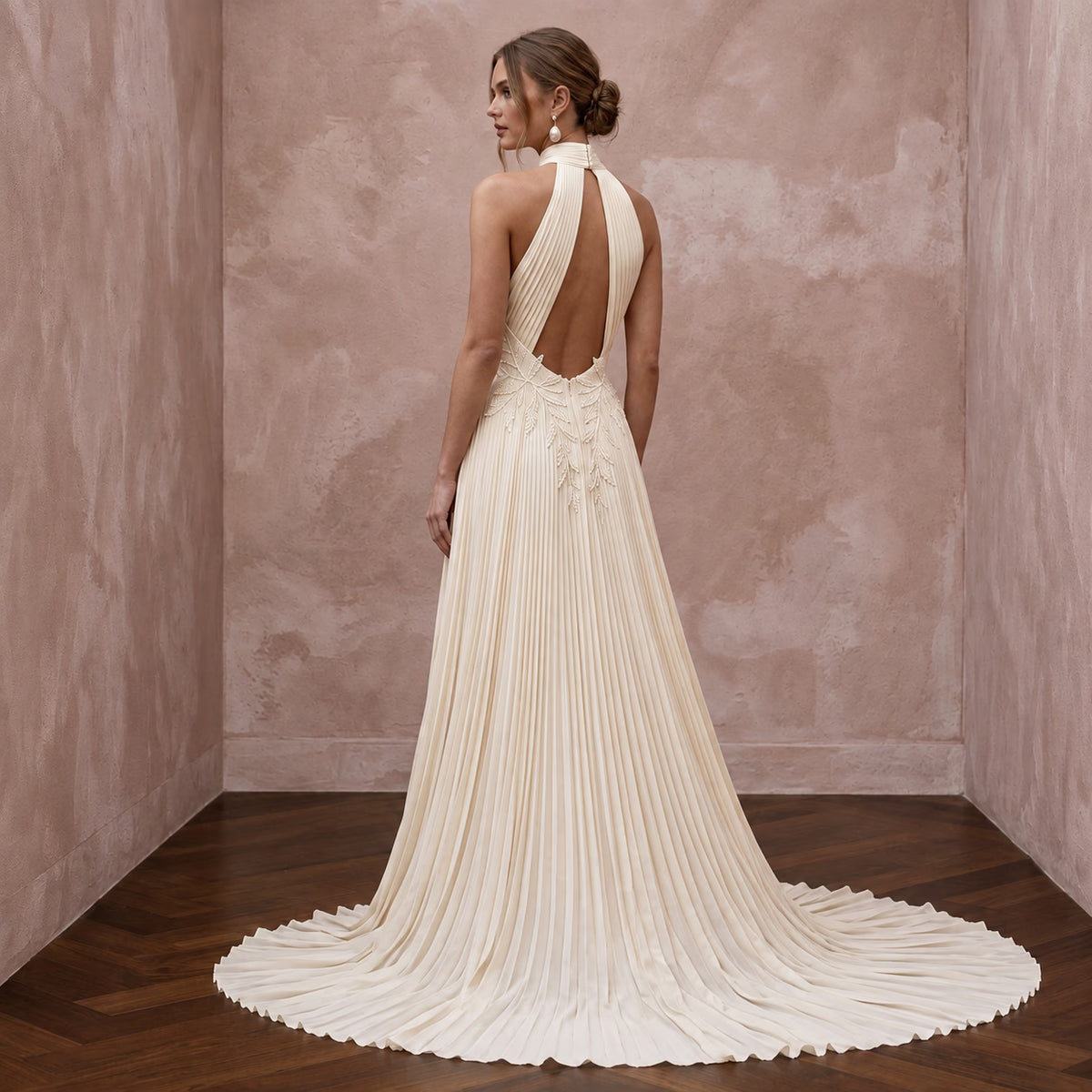 Sustainable Ivory Recycled Polyester Pleated Halter Neck Bridal Gown - Apparel & Accessories > Clothing > Wedding & Bridal Party Dresses > Wedding Dresses - Mignonette Bridal
