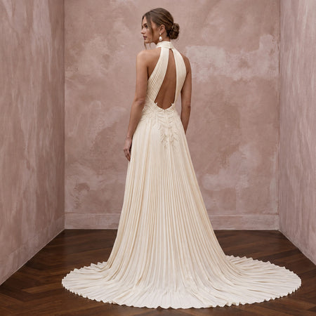 Sustainable Ivory Recycled Polyester Pleated Halter Neck Bridal Gown - Apparel & Accessories > Clothing > Wedding & Bridal Party Dresses > Wedding Dresses - Mignonette Bridal