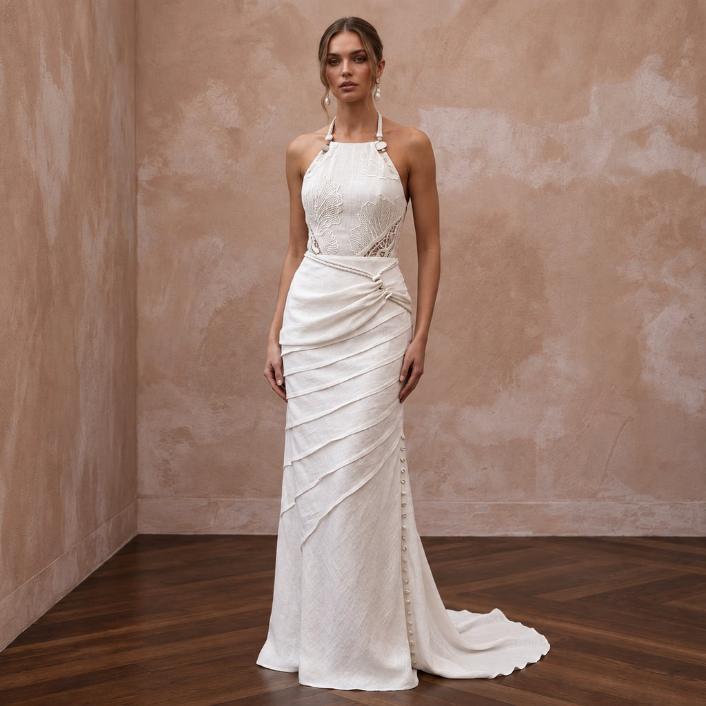 Sustainable Off-White Linen Blend Halter Dress for Summer Beach Wedding