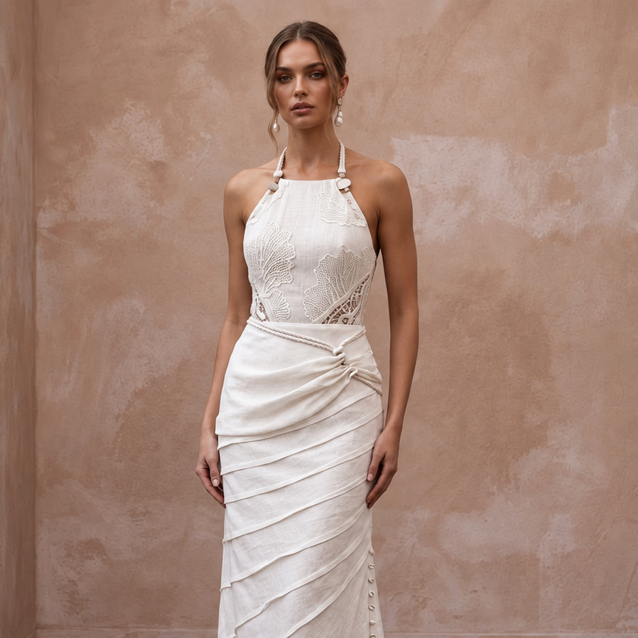 Sustainable Off-White Linen Blend Halter Dress for Summer Beach Wedding