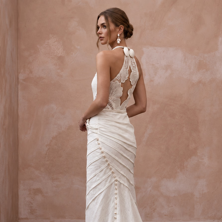 Sustainable Off-White Linen Blend Halter Dress for Summer Beach Wedding