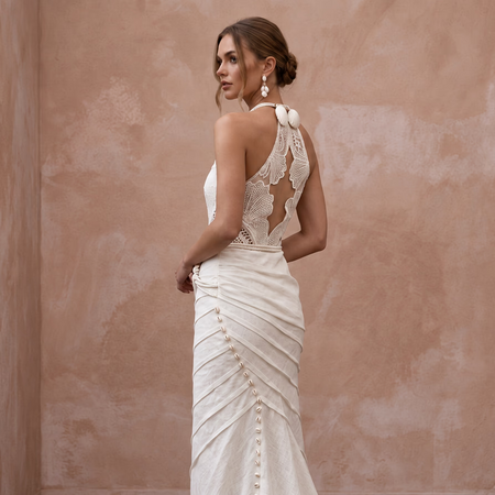 Sustainable Off-White Linen Blend Halter Dress for Summer Beach Wedding