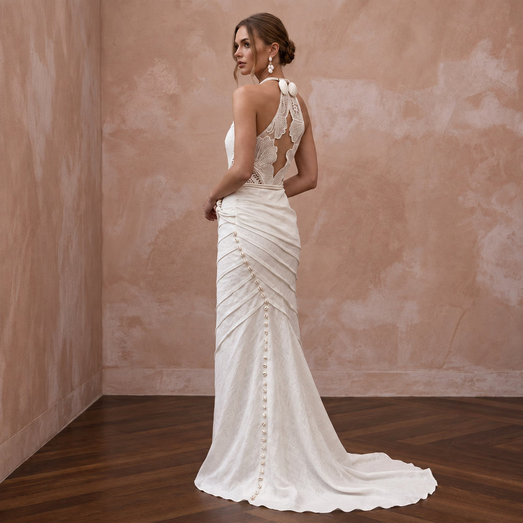 Sustainable Off-White Linen Blend Halter Dress for Summer Beach Wedding