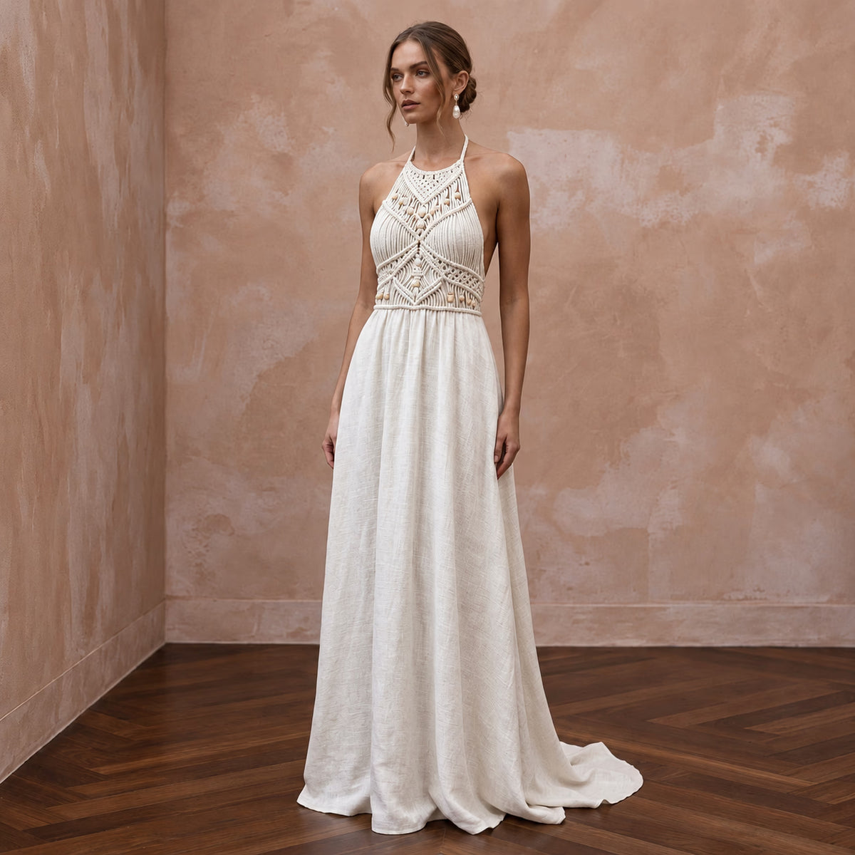Sustainable Off-White Linen Blend Halter Neck Beach Wedding Gown