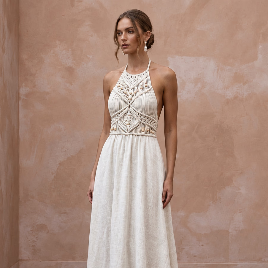 Sustainable Off-White Linen Blend Halter Neck Beach Wedding Gown