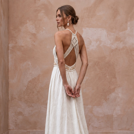 Sustainable Off-White Linen Blend Halter Neck Beach Wedding Gown